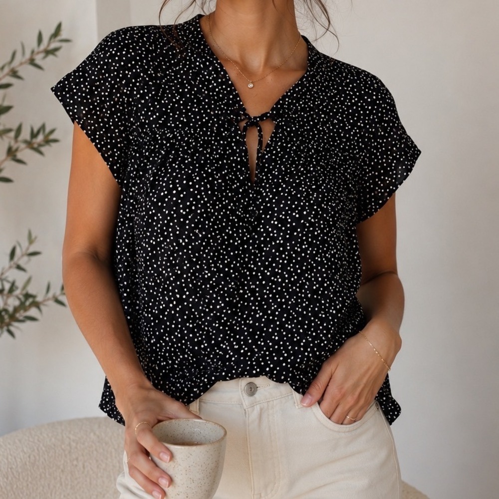 Ann Taylor LOFT Petites Polka Dot Tie Neck Blouse Black White XXSP gf